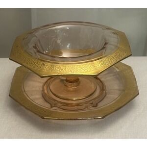 Vintage Depression Glass Pink‎ W/ Gold Encrusted Rim Candy Dish Plate